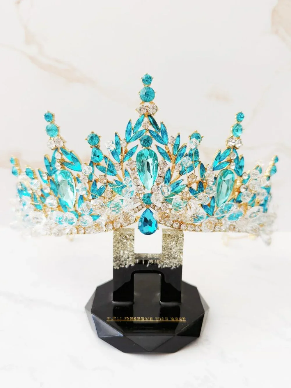 Aqua Blue Crystal Tiara, Gold Crown for Weddings, Pageants and Quinceañeras